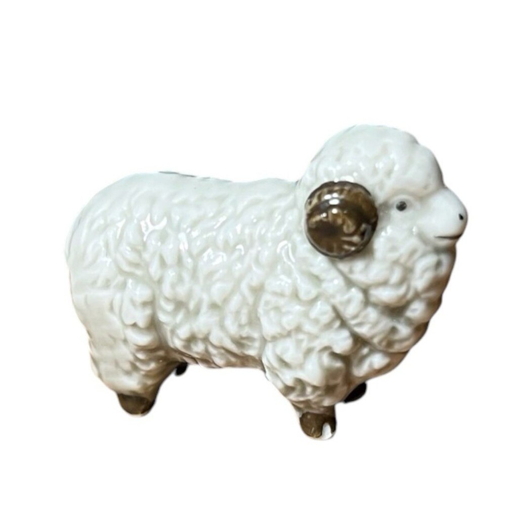 Vintage Miniature Sheep Ram Figurine Porcelain Slip Cast Glossy Textured 1.5x1"